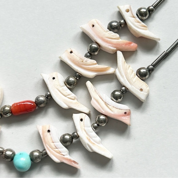 Vintage Southwestern Two Strand Fetish Turquoise Coral Sterling Silver Necklace - Picture 7 of 13